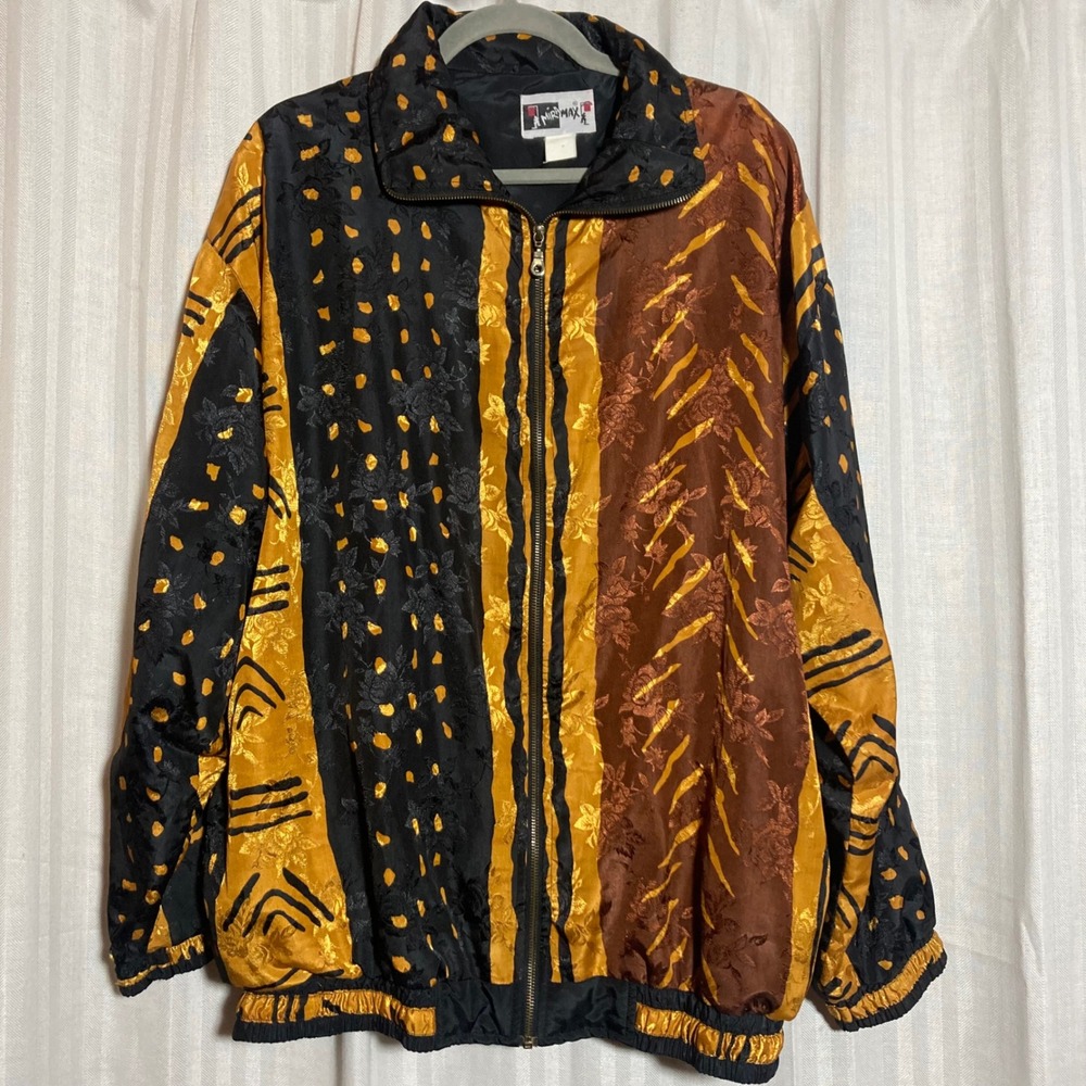 Vintage Mira Max Floral Damask Mixed Print Bomber Jacket Gold Black Bronze XL